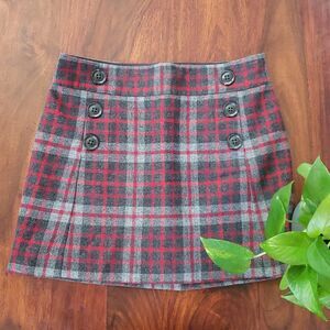 GAP Plaid Wool Skirt Red Gray Buttons